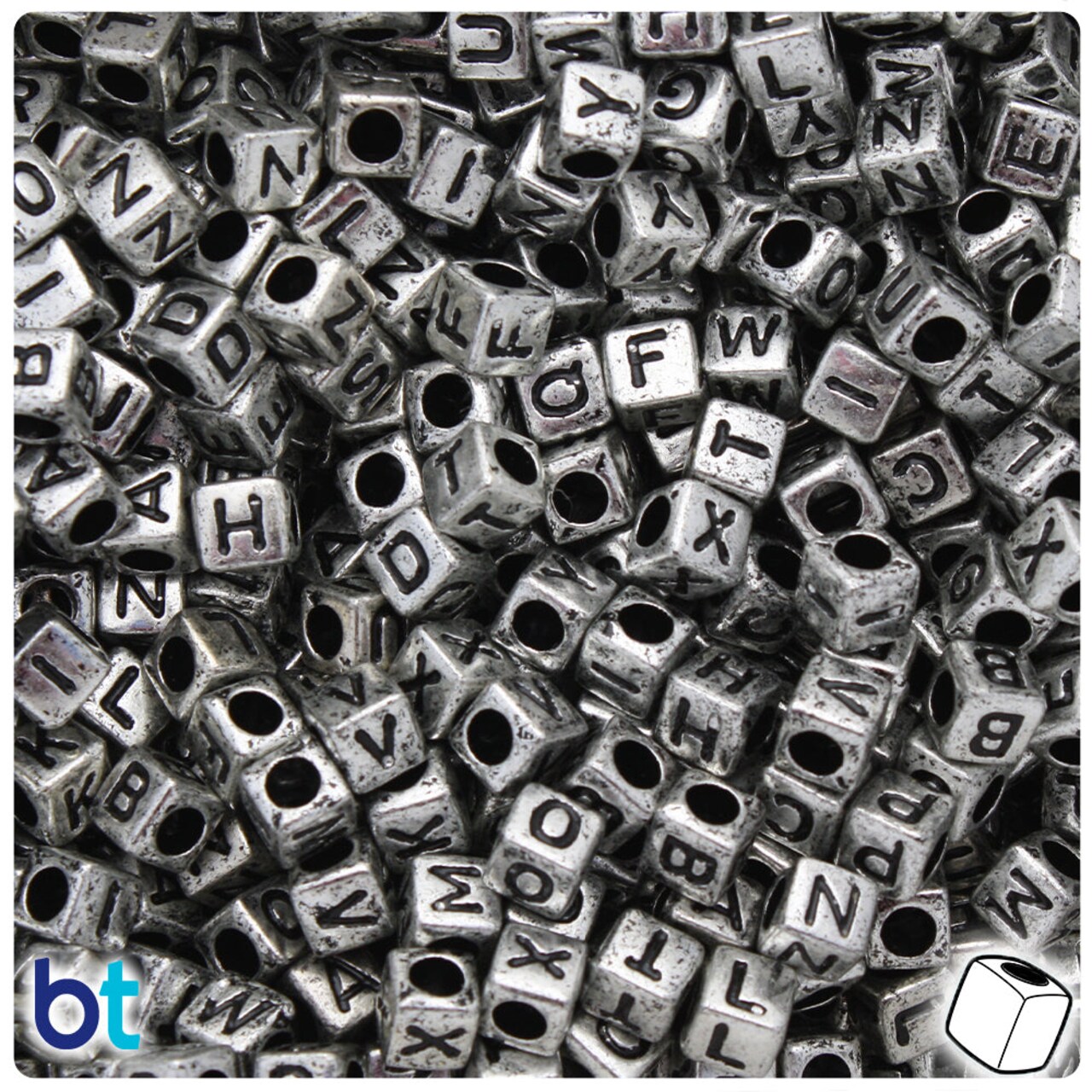 BeadTin Silver Metallic 6mm Cube Plastic Alpha Beads - Black Letter Mix (200pcs)